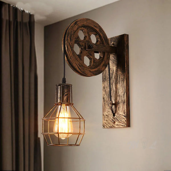 Applique Murale Vintage avec Lampe LED - Style Industriel avec Poulie Mobile