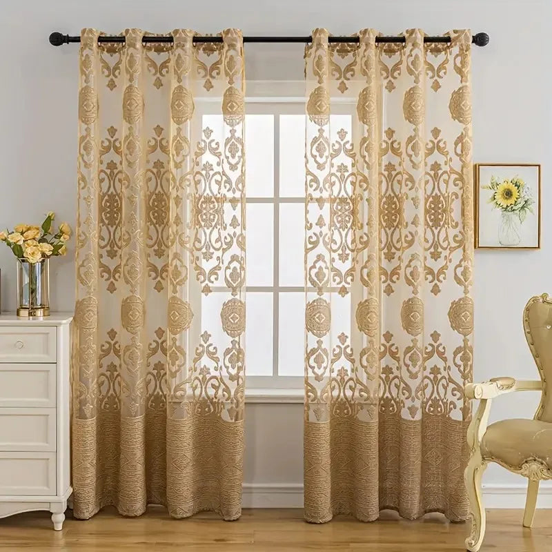 Rideau Tulle Européen en Jacquard Doré - Écran de Fenêtre Décoratif pour Salon, Chambre, Balcon