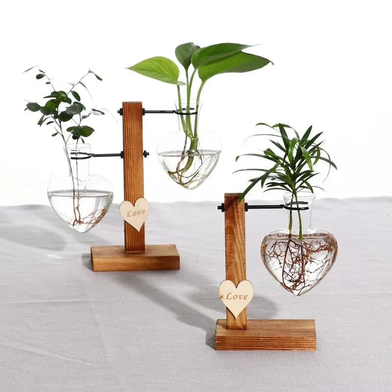 Vase en Verre Hydroponique “Love” avec Support en Bois pour Arrangements Floraux – Conteneur Transparent pour Plantes et Fleurs Séchées - StellerBrand