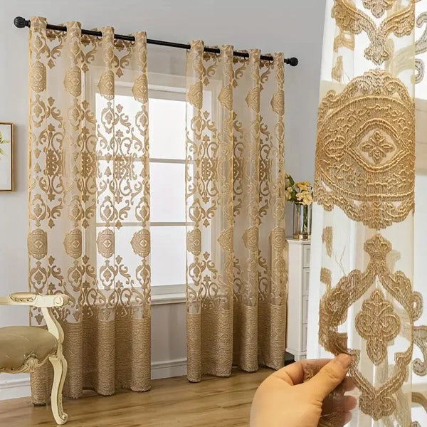 Rideau Tulle Européen en Jacquard Doré - Écran de Fenêtre Décoratif pour Salon, Chambre, Balcon