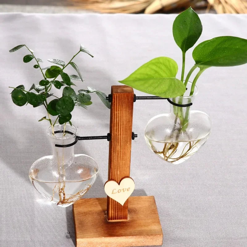 Vase en Verre Hydroponique “Love” avec Support en Bois pour Arrangements Floraux – Conteneur Transparent pour Plantes et Fleurs Séchées - StellerBrand