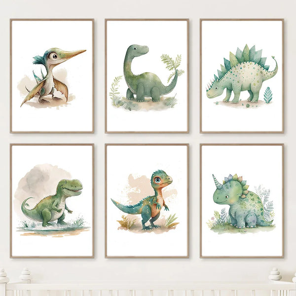 Affiche Enfantine “Dinosaures de la Jungle” - Peinture sur Toile Kawaii pour Chambre d’Enfant