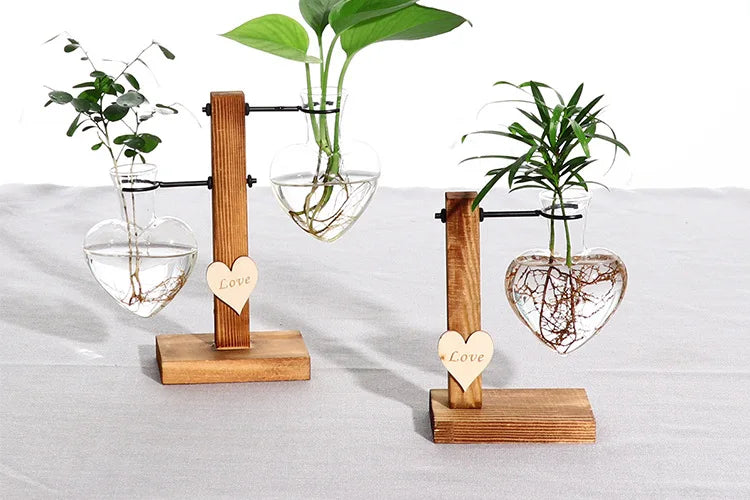Vase en Verre Hydroponique “Love” avec Support en Bois pour Arrangements Floraux – Conteneur Transparent pour Plantes et Fleurs Séchées - StellerBrand