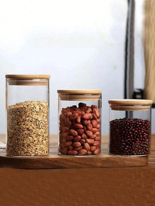 Pot de Rangement en Verre Rond avec Couvercle en Bambou - Contenant de Stockage pour Café, Grains, Pâtes