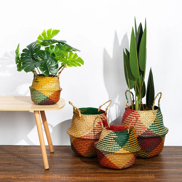 Panier de Rangement Coloré Pliable en Seagrass – Panier Tressé Rattan pour Lessive, Jouets, Organisateur et Pot de Fleurs