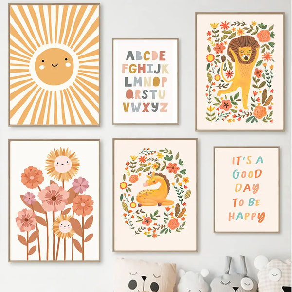 Affiches Éducatives Boho pour Chambre d’Enfant – Alphabet, Soleil, Arc-en-ciel, Lion, Cerf – Peinture sur Toile