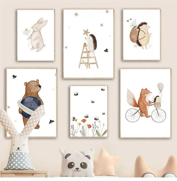 Peinture sur Toile Boho Cartoon – Affiche Fox, Rabbit, Bee, Bear, Hedgehog, Flower pour Chambre Bébé et Enfant