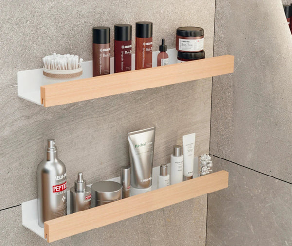 Étagère Murale de Salle de Bain en Bois, Rack de Rangement Douche sans Perçage – Support de Stockage avec Barrière de Protection, Organisateur de Salle de Bain