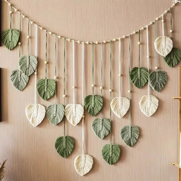 Décoration Murale Bohème – Tapisserie Macramé avec Feuilles pour Salon et Chambre