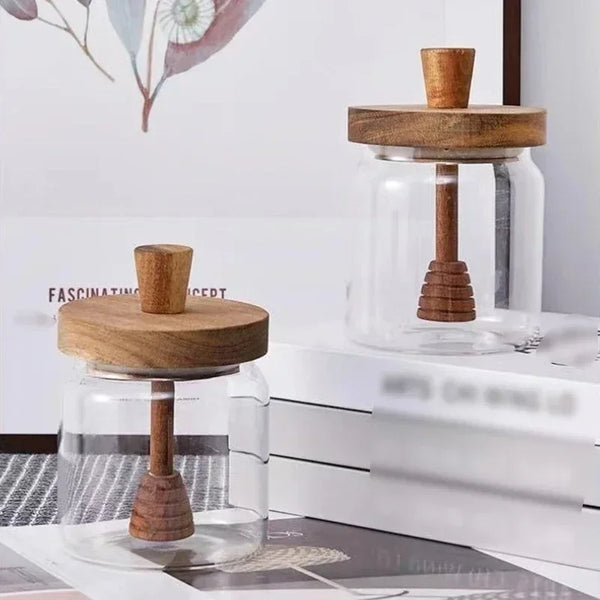 Pot à Miel en Verre Borosilicate avec Couvercle en Bois et Cuillère – Pot de Stockage Transparent