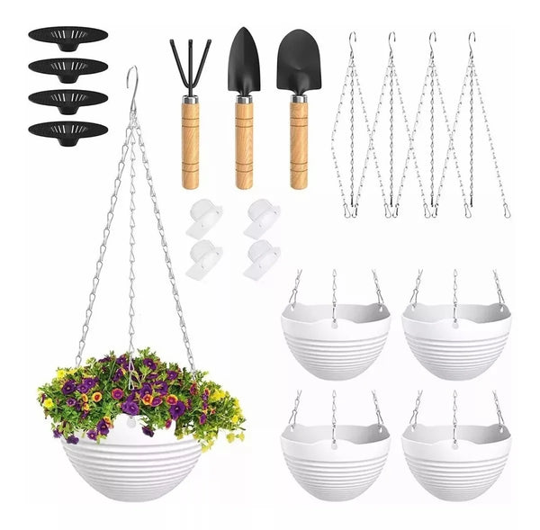 Pack de 4 Pots de Fleurs Suspendus 20 cm - Panier Suspendu pour Plantes Intérieures et Extérieures avec Trou de Drainage, Blanc