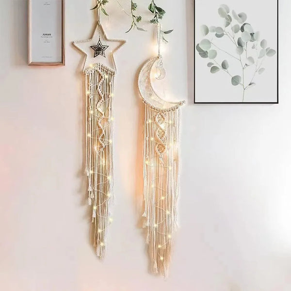 Tenture Murale Boho avec Macramé en Forme de Lune – Attrape-Rêves avec Franges, Décoration Murale Noël Maison