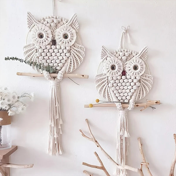 Attrape-Rêves Hibou Macramé Tissé à la Main - Décoration Murale Boho en Coton pour Chambre, Salon et Bureau