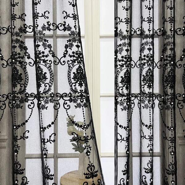 European Luxury Lace Pearl Embroidery Black Sheer Curtain - Nordic Geometric Window Screen for Living Room