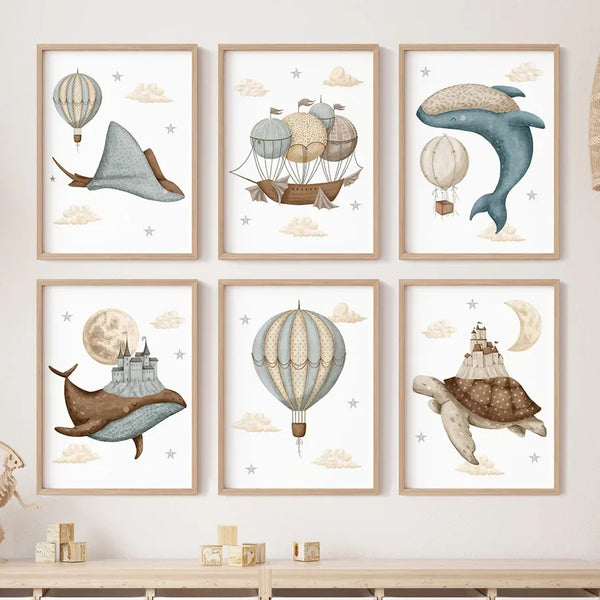 Affiche Murale “Baleine, Tortue ou Château avec Ballons” - Décoration Nordic pour Chambre d’Enfant