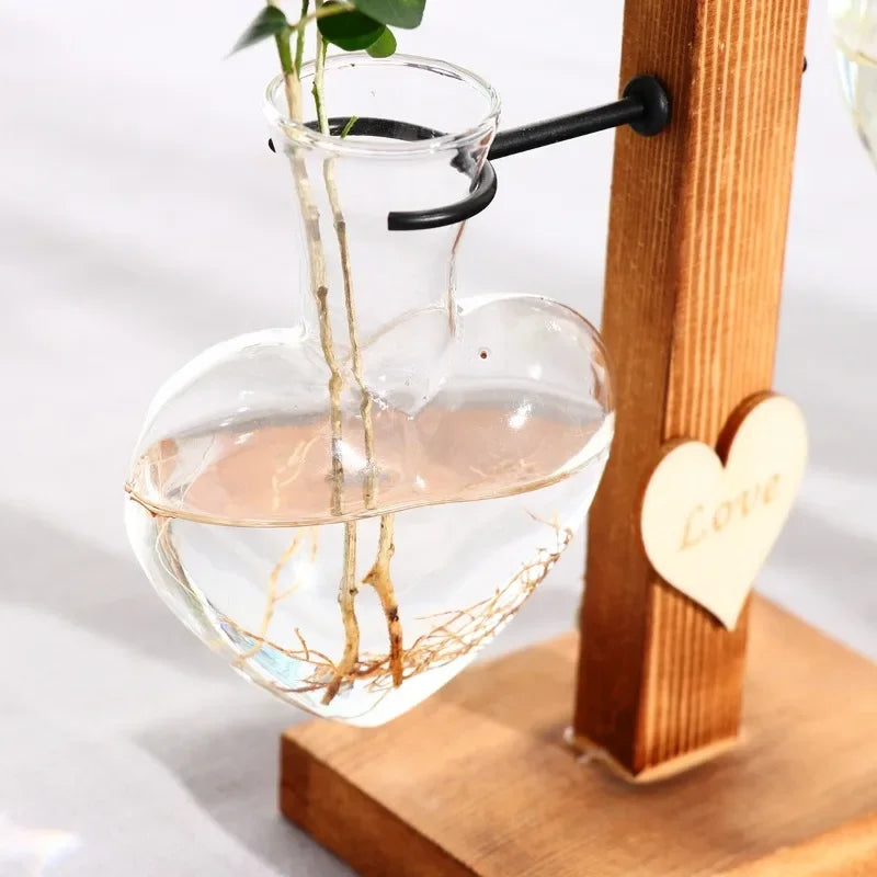 Vase en Verre Hydroponique “Love” avec Support en Bois pour Arrangements Floraux – Conteneur Transparent pour Plantes et Fleurs Séchées - StellerBrand