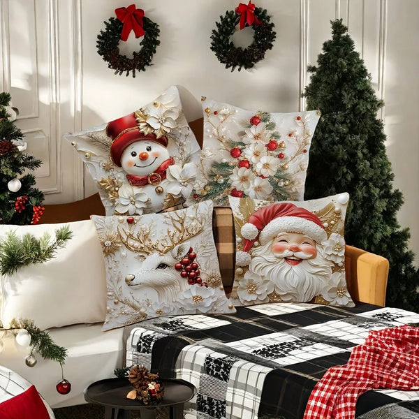 Vintage Style Christmas Throw Pillow Cover - Snowman and Christmas Tree Design