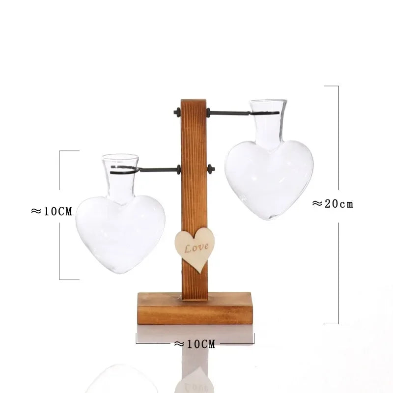 Vase en Verre Hydroponique “Love” avec Support en Bois pour Arrangements Floraux – Conteneur Transparent pour Plantes et Fleurs Séchées - StellerBrand