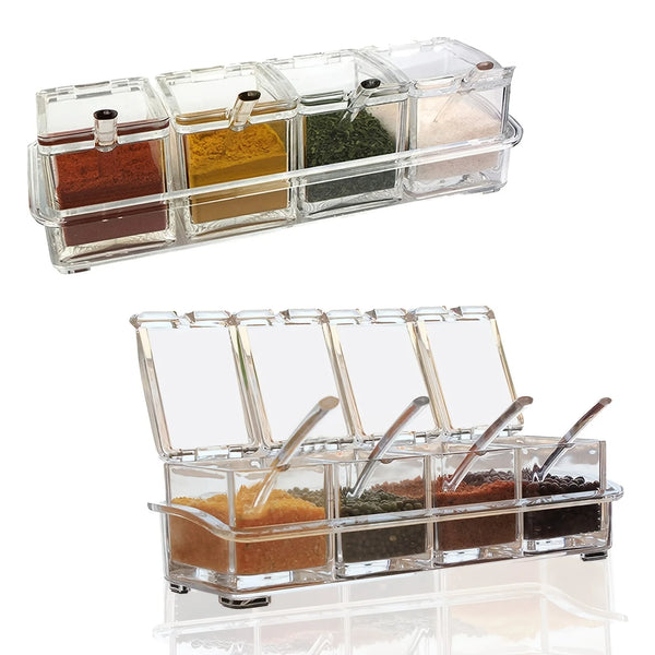 Boîte à Assaisonnement Transparente, Set de 4 Pots de Stockage en Cristal avec Cuillère pour Épices et Poivre