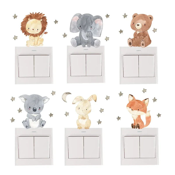 6pcs Stickers Muraux Animaux Mignons avec Sourire – Stickers pour Interrupteurs et Décoration Murale de Chambre d’Enfant