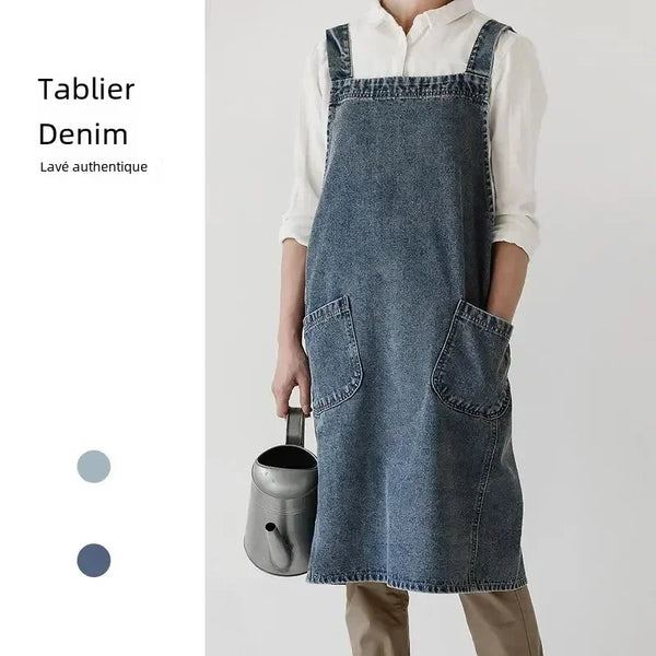 Tablier en Jean pour Femme – Robe Coréenne en Coton pour Cuisine, Jardin et Nettoyage