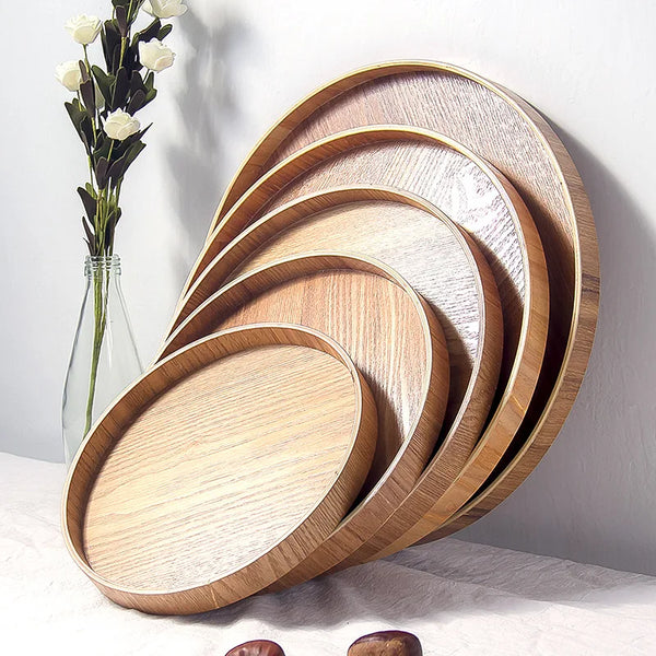 Plateau Rond de Style Japonais en Bois pour Service de Nourriture - Plateau Naturel pour Fruits, Desserts, Salades, Thé et Boissons