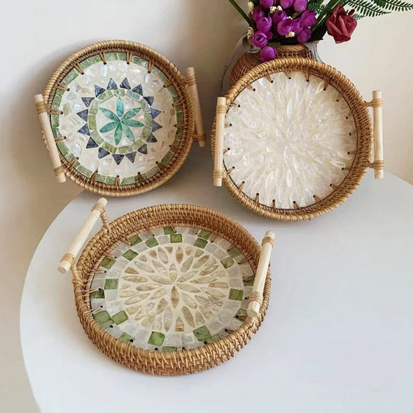 Panier Tressé en Rotin Vintage – Plateau de Rangement Boho avec Poignée en Bois pour Fruits et Snacks