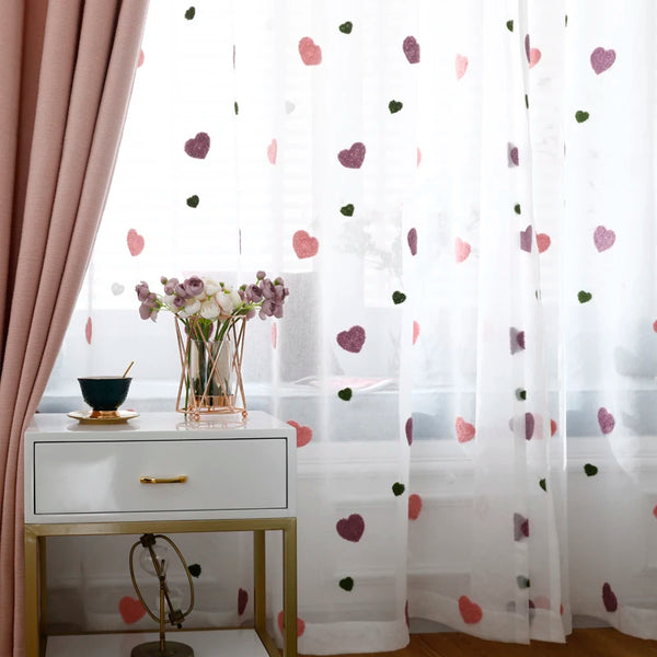 Rideaux Brodés en Cœurs pour Chambre d’Enfant – Décoration de Fenêtre Rose Princess