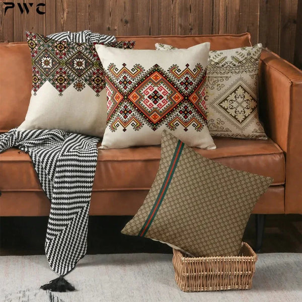 Housse de Coussin Boho Ethnique en Lin - Décoration Maison Style Rétro Totem