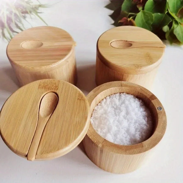 Boîte à Condiments en Bois avec Couvercle en Bambou – Pot de Stockage pour Sel, Poivre et Sucre, Ensemble de Récipients Multifonctions