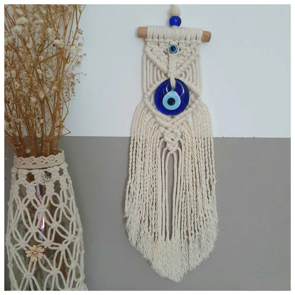 MacraSuspension Murale en Macramé avec Œil Turc Bleu – Porte-Bonheur Décoratif pour Maison, Salon et Cadeaume Wall Hanging Handmade Lucky Eye Blue Turkish Evil Eye Pendant Nazar Decoration for Home Living Room Wall Home Decor Gift