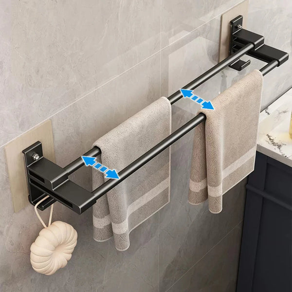 Porte-serviette Double Barre en Aluminium pour Salle de Bain – Organisateur Towel Rack sans Perçage, Installation Facile avec Adhésif