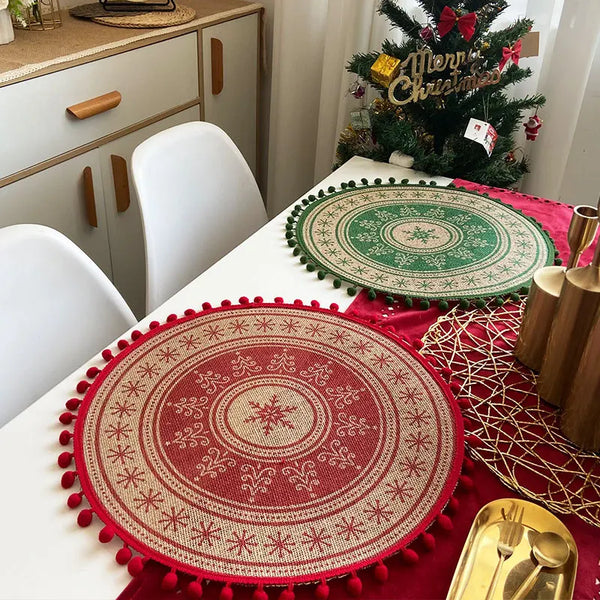 Tapis de Noël Rétro en Jute Rond avec Billes de Laine – Tapis de Table Imprimé Résistant à la Chaleur, Décoration Maison