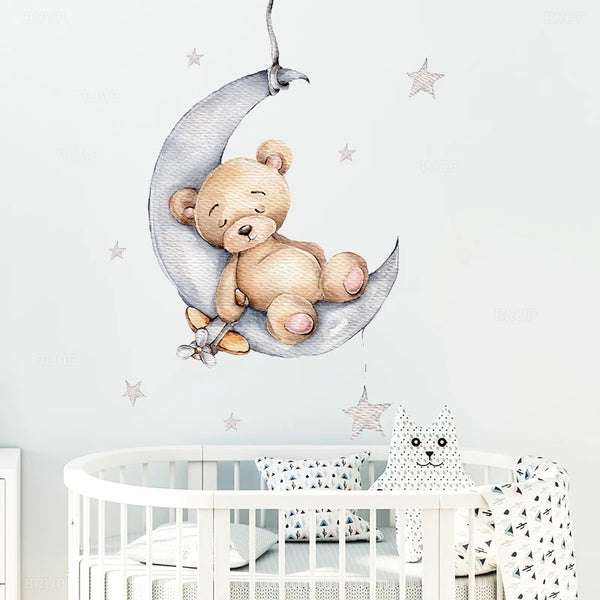 Stickers Muraux Cartoon – Ours en Peluche Dormant sur la Lune et les Étoiles pour Chambre d’Enfant