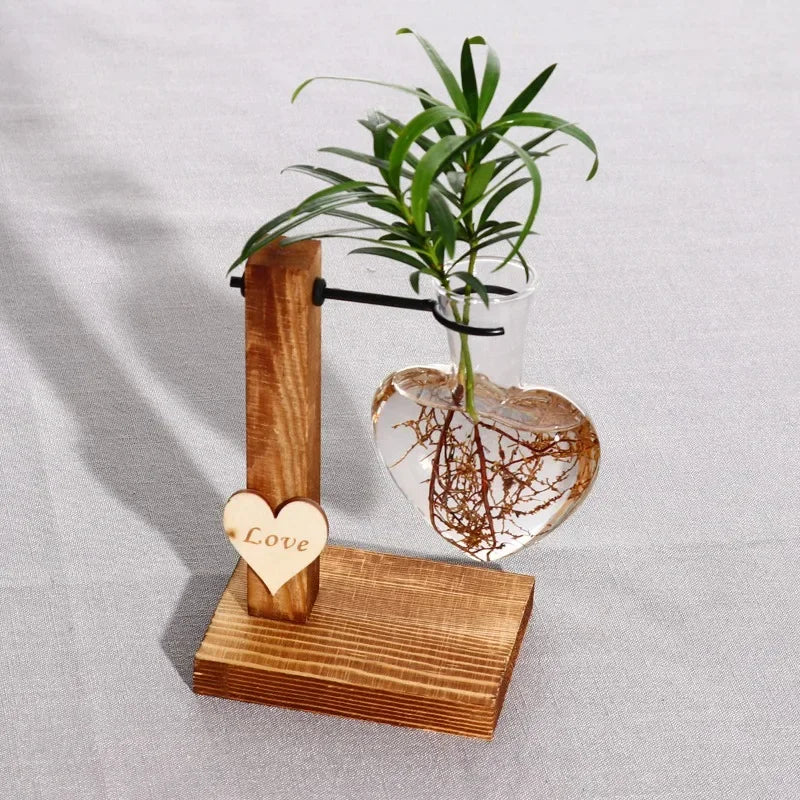 Vase en Verre Hydroponique “Love” avec Support en Bois pour Arrangements Floraux – Conteneur Transparent pour Plantes et Fleurs Séchées - StellerBrand