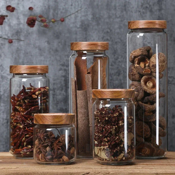 Bocal de Stockage en Verre avec Couvercle en Bois – Contenant Hermétique pour Aliments, Distributeur de Céréales, Stockage de Gingembre et Épices