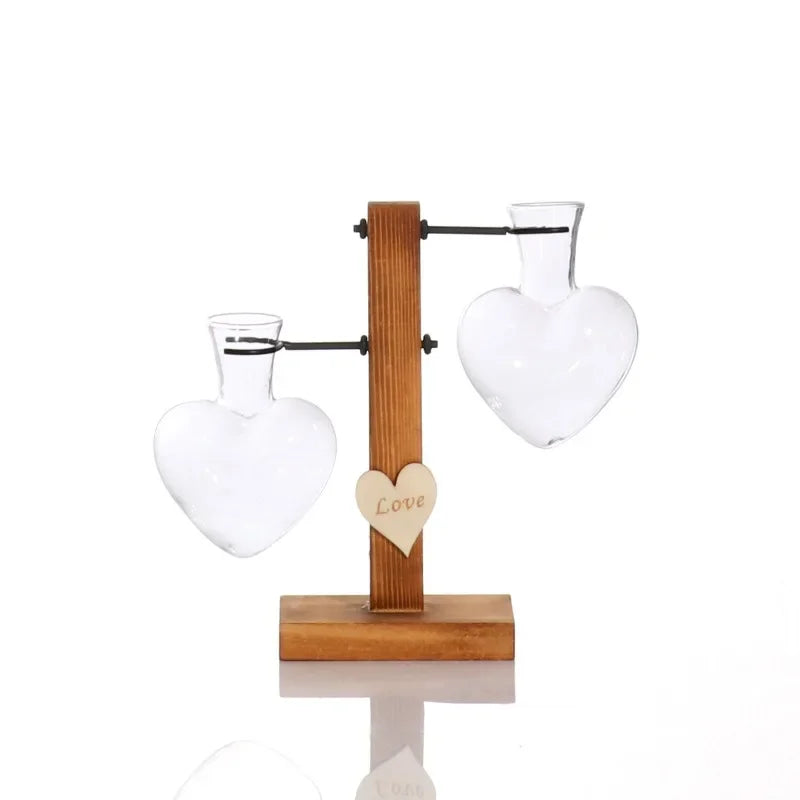 Vase en Verre Hydroponique “Love” avec Support en Bois pour Arrangements Floraux – Conteneur Transparent pour Plantes et Fleurs Séchées - StellerBrand